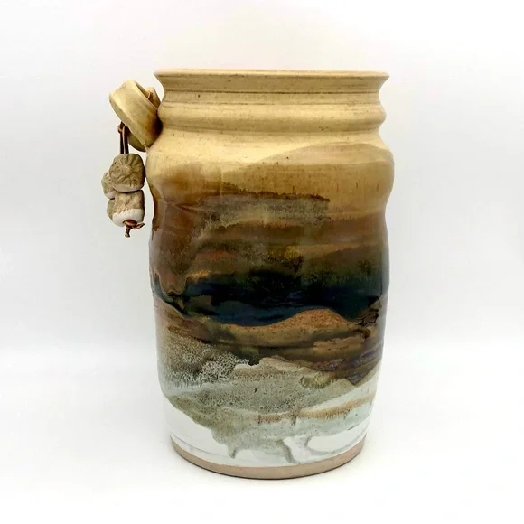 Large Pottery Crock Vase Hand Made Beads On Leather Dangle Applied Floral Relief - Picture 4 of 15